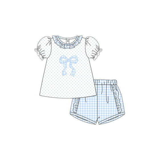 Blue plaid bow top matching shorts girl summer outfit preorder