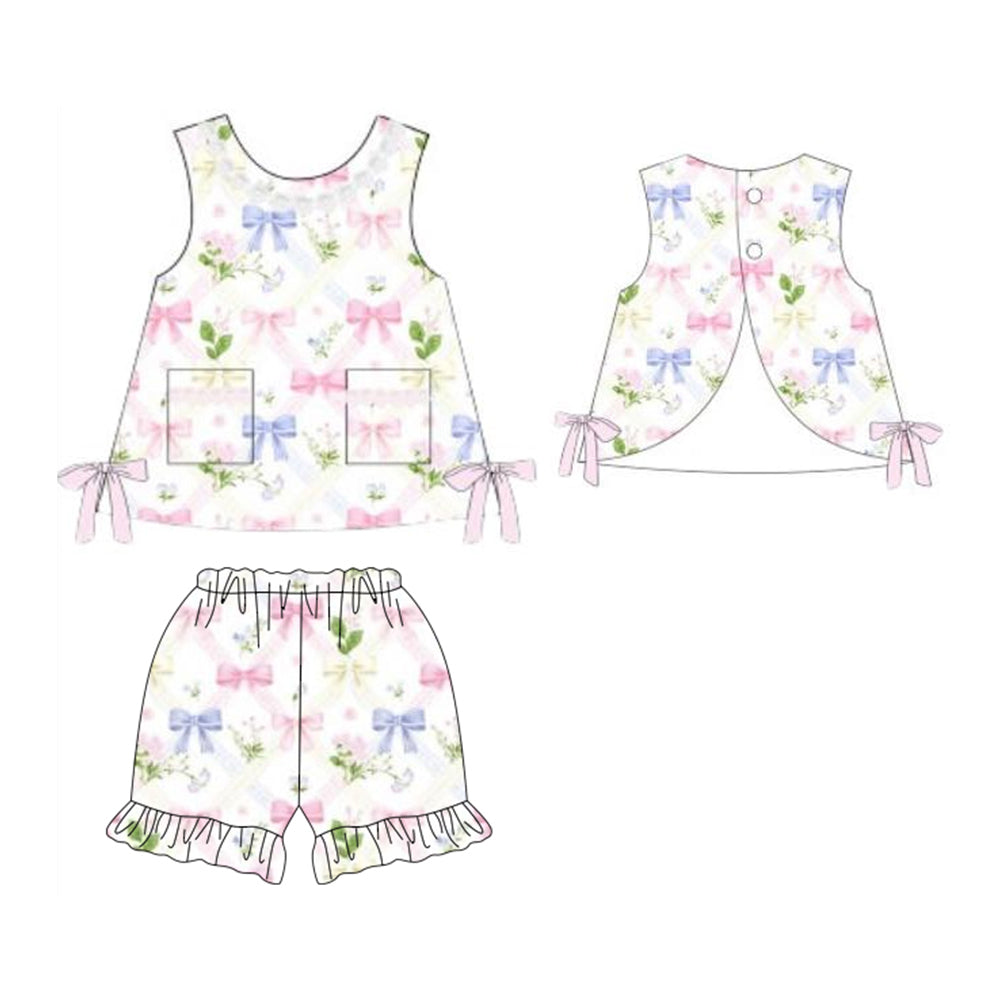 Blue pink bow top matching shorts girl summer outfit preorder