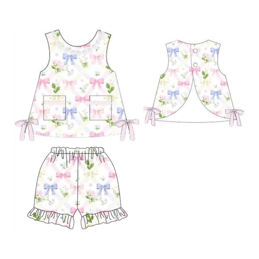 Blue pink bow top matching shorts girl summer outfit preorder