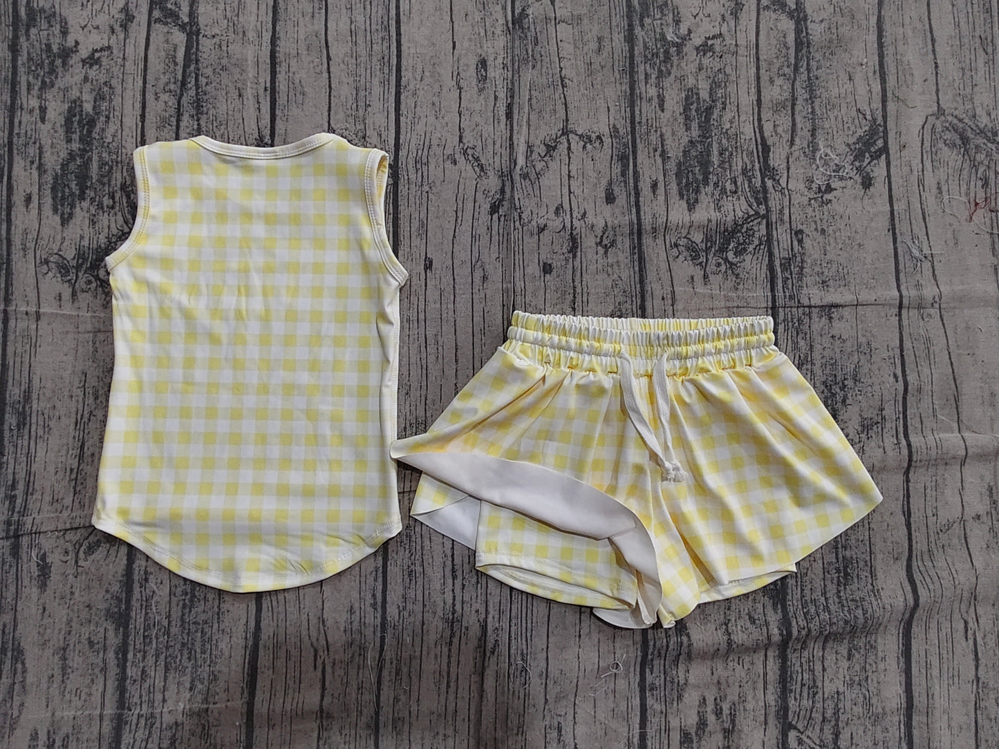 Yellow plaid top matching shorts girl summer yoga outfit preorder