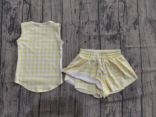 Yellow plaid top matching shorts girl summer yoga outfit preorder