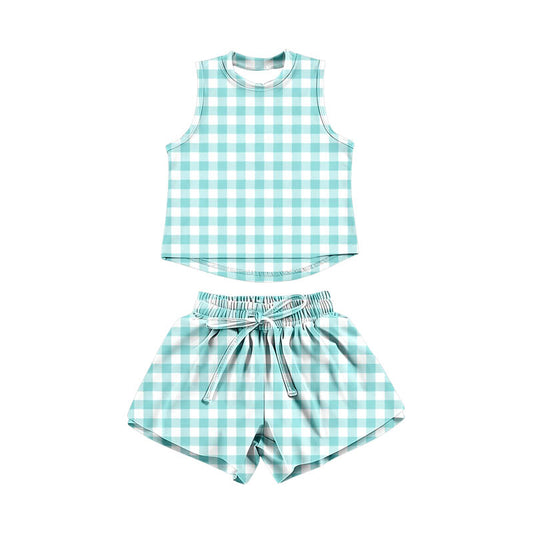 Aqua plaid top matching shorts girl summer yoga outfit preorder