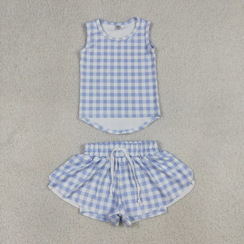 Lavender plaid top matching shorts girl summer yoga outfit