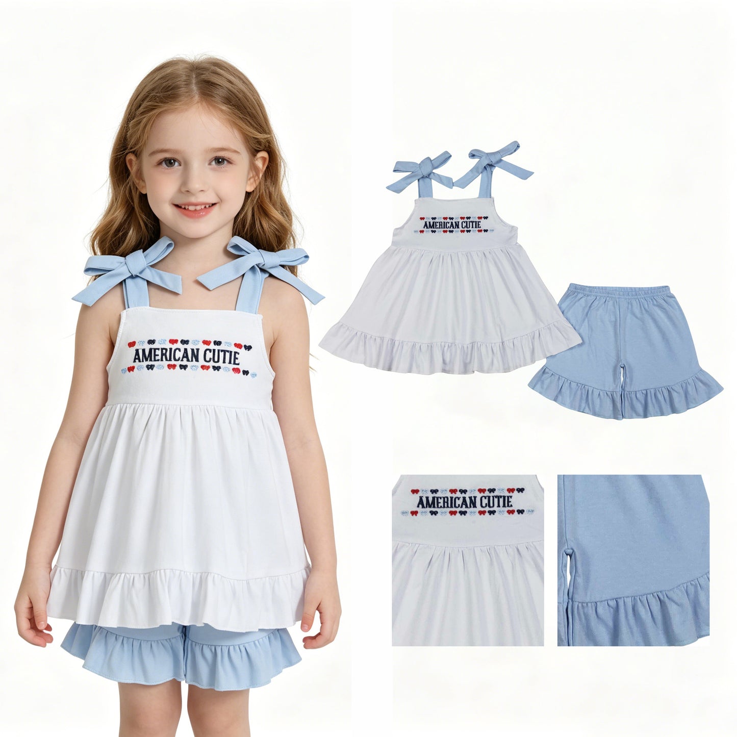 America cutie embroidery top matching shorts girls July 4th summer outfit