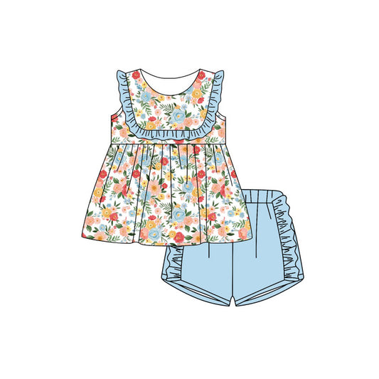Pink blue floral top matching shorts girls summer outfit preorder