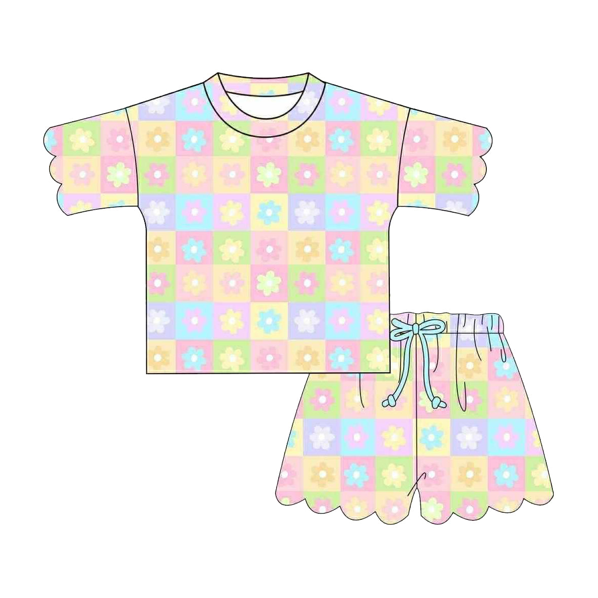 Pink blue flowers top matching shorts girls summer outfit preorder