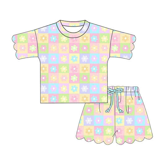 Pink blue flowers top matching shorts girls summer outfit preorder
