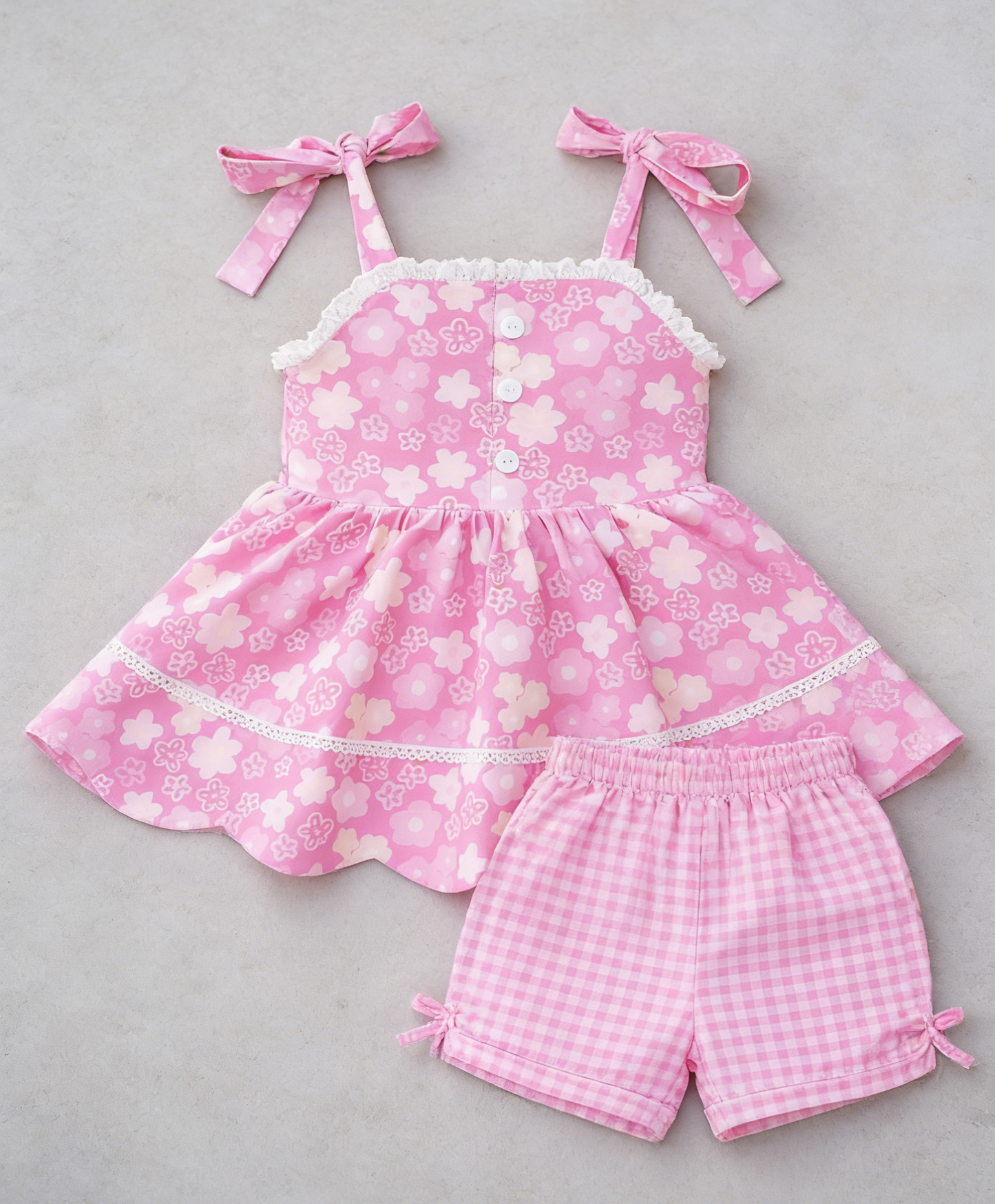 Pink flowers top matching shorts girls summer outfit preorder