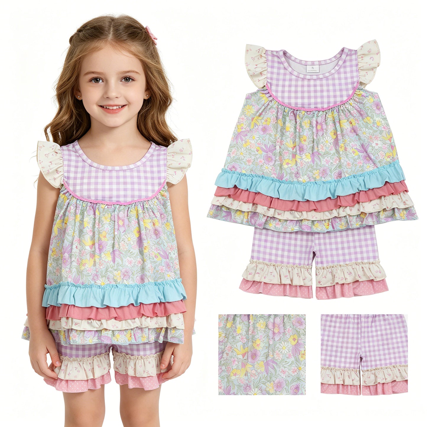Lavender flowers top matching shorts girls summer outfit