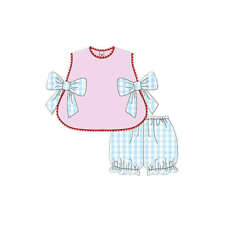 Blue bow pink tank top matching shorts girl summer outfit preorder