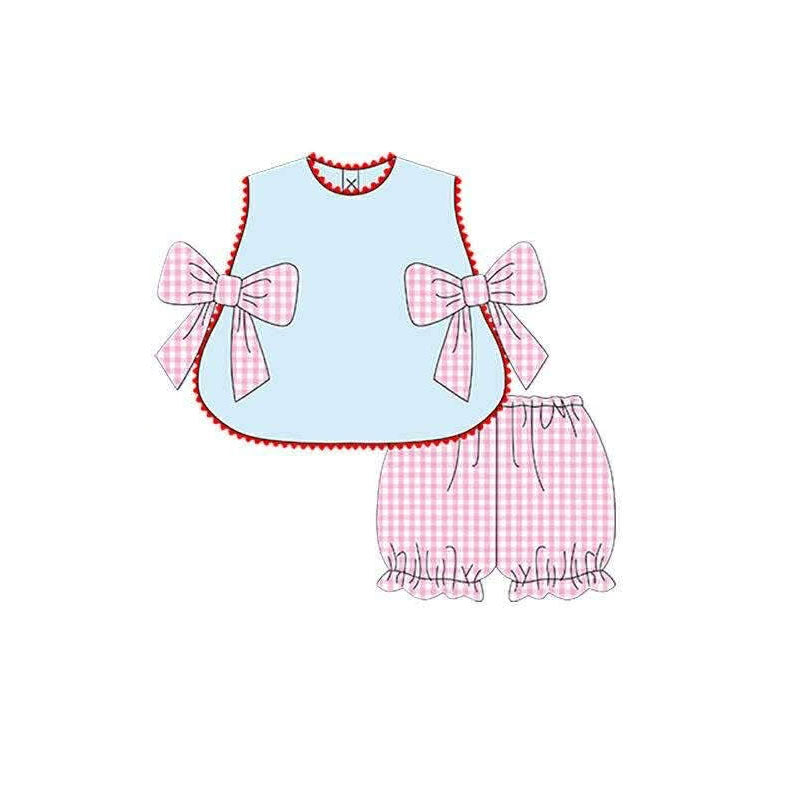 Pink bow blue tank top matching shorts girl summer outfit preorder