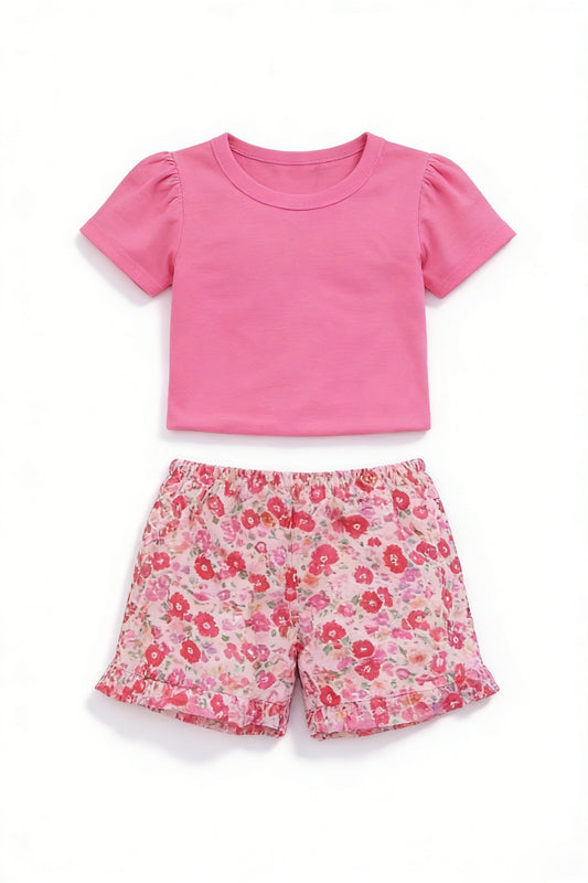 Pink top matching floral shorts girl summer outfit preorder