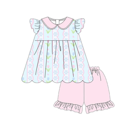 Pink blue flowers top matching floral shorts girl summer outfit preorder
