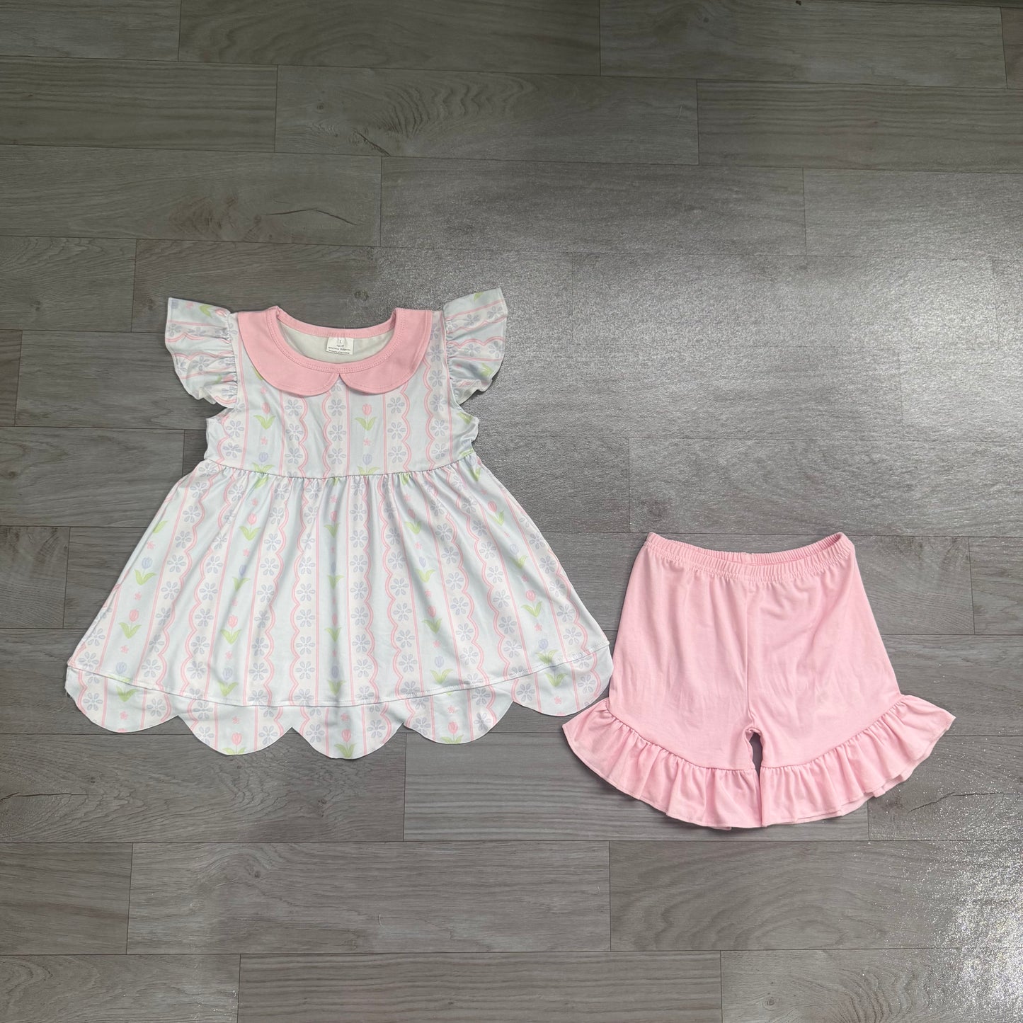 Pink blue flowers top matching floral shorts girl summer outfit preorder
