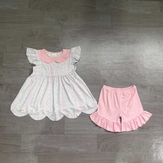 Pink blue flowers top matching floral shorts girl summer outfit preorder