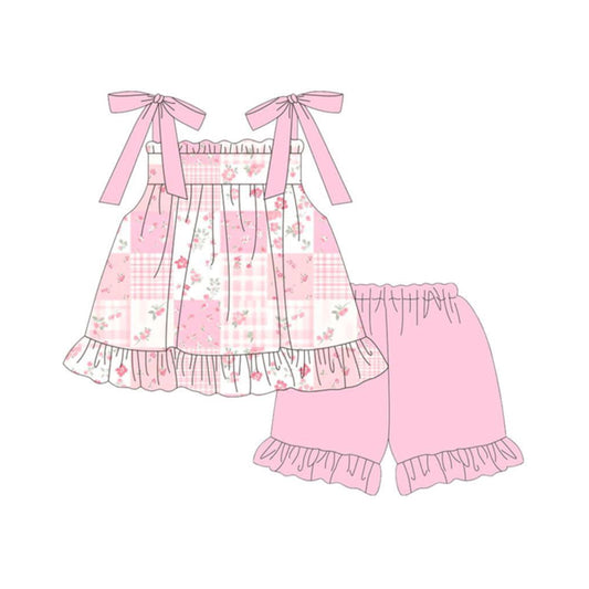 Pink flowers top matching shorts girl summer outfit preorder