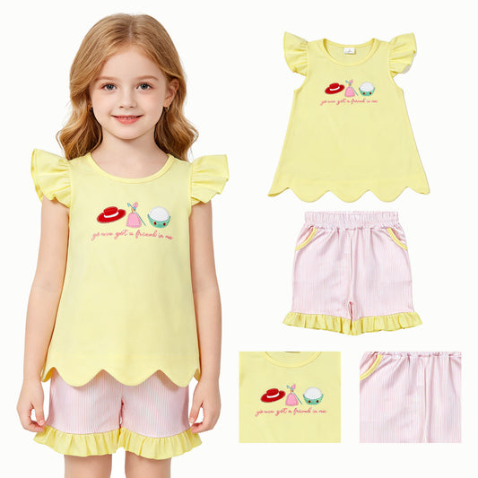Friend embroidery design top matching shorts girl summer outfit