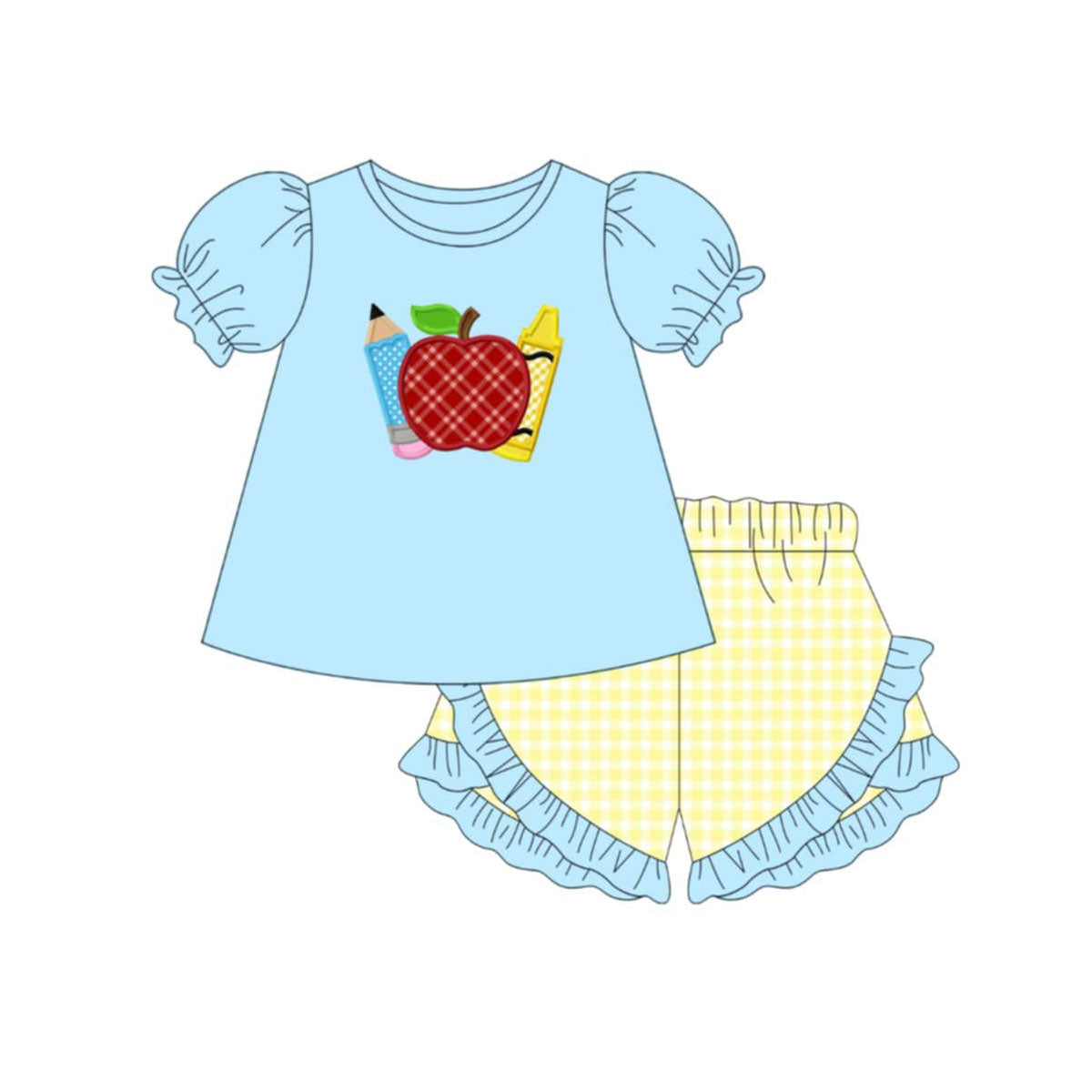 Back to school apple design top matching shorts girl summer outfit preorder