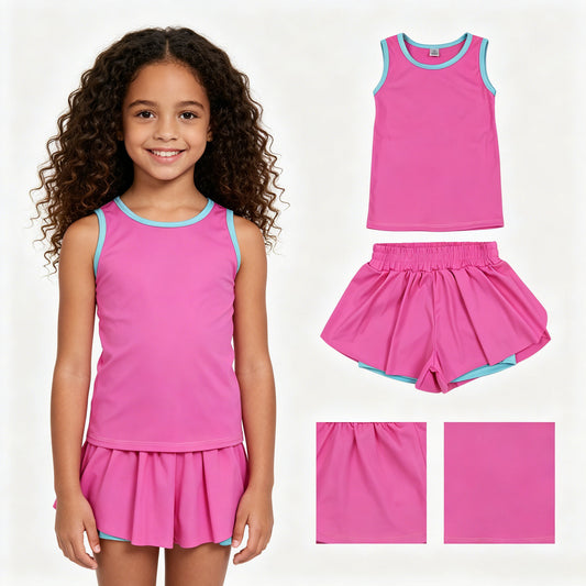 Hot pink yoga top matching shorts girls summer outfit
