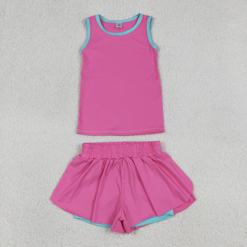Blue yoga top matching shorts girls summer outfit