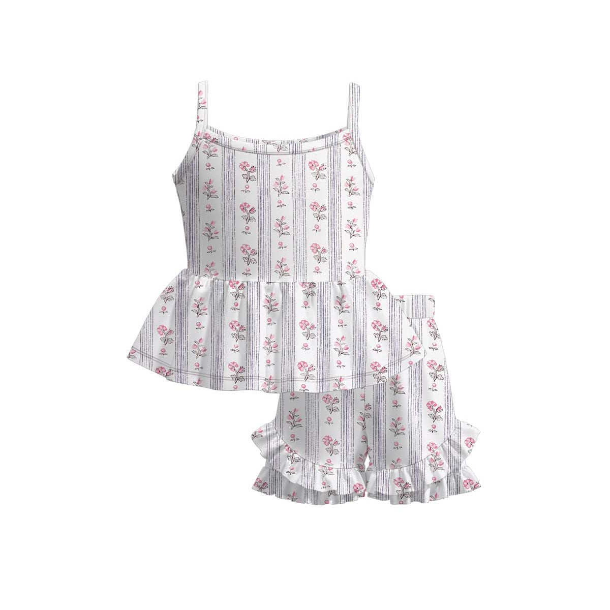 Pink flowers top matching shorts girl summer outfit preorder
