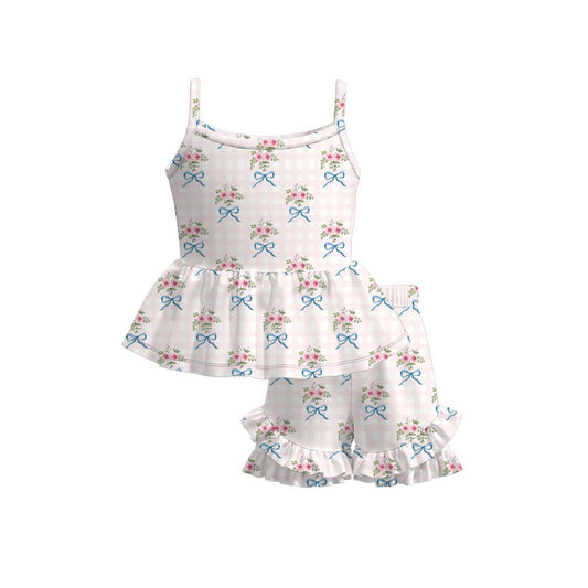 Pink flowers blue bow top matching shorts girl summer outfit preorder