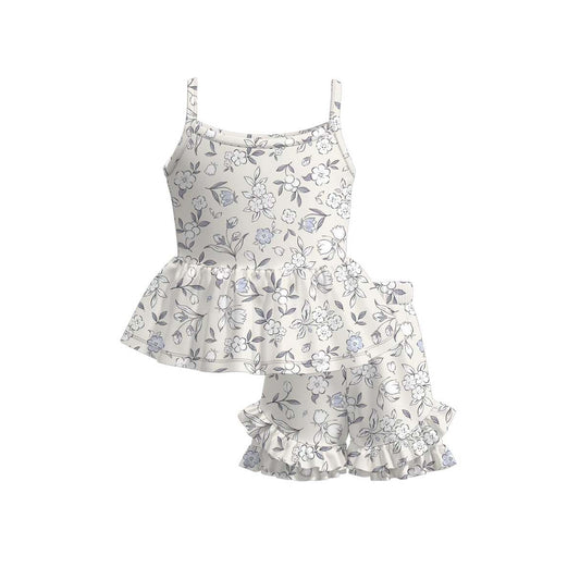 Blue flowers top matching shorts girl summer outfit preorder