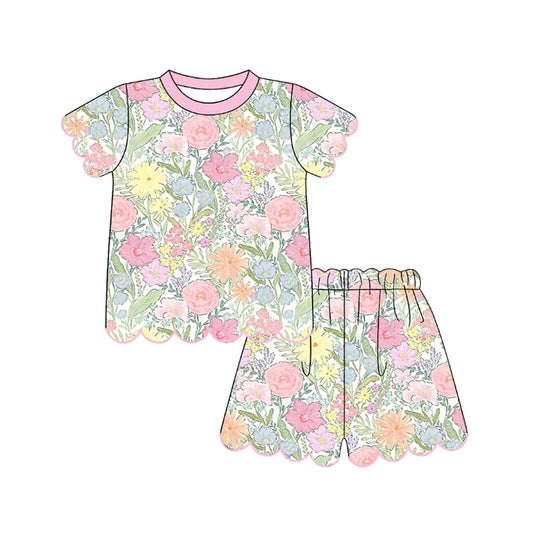 Pink flowers top matching shorts girl summer outfit preorder