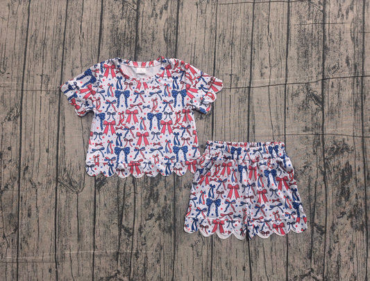 July 4th red blue bow top matching shorts girl summer clothes preorder