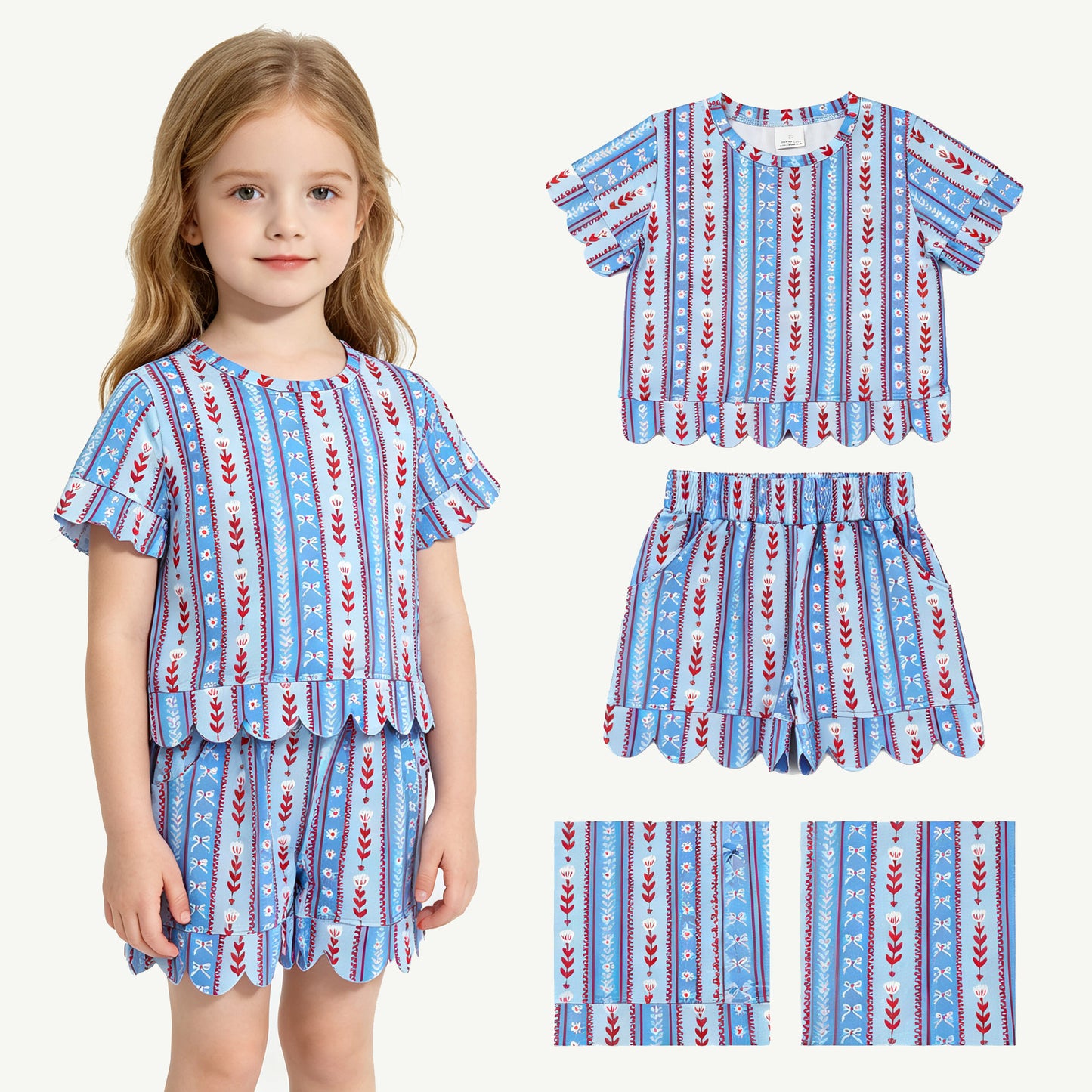 Red flowers top matching shorts girl summer clothes