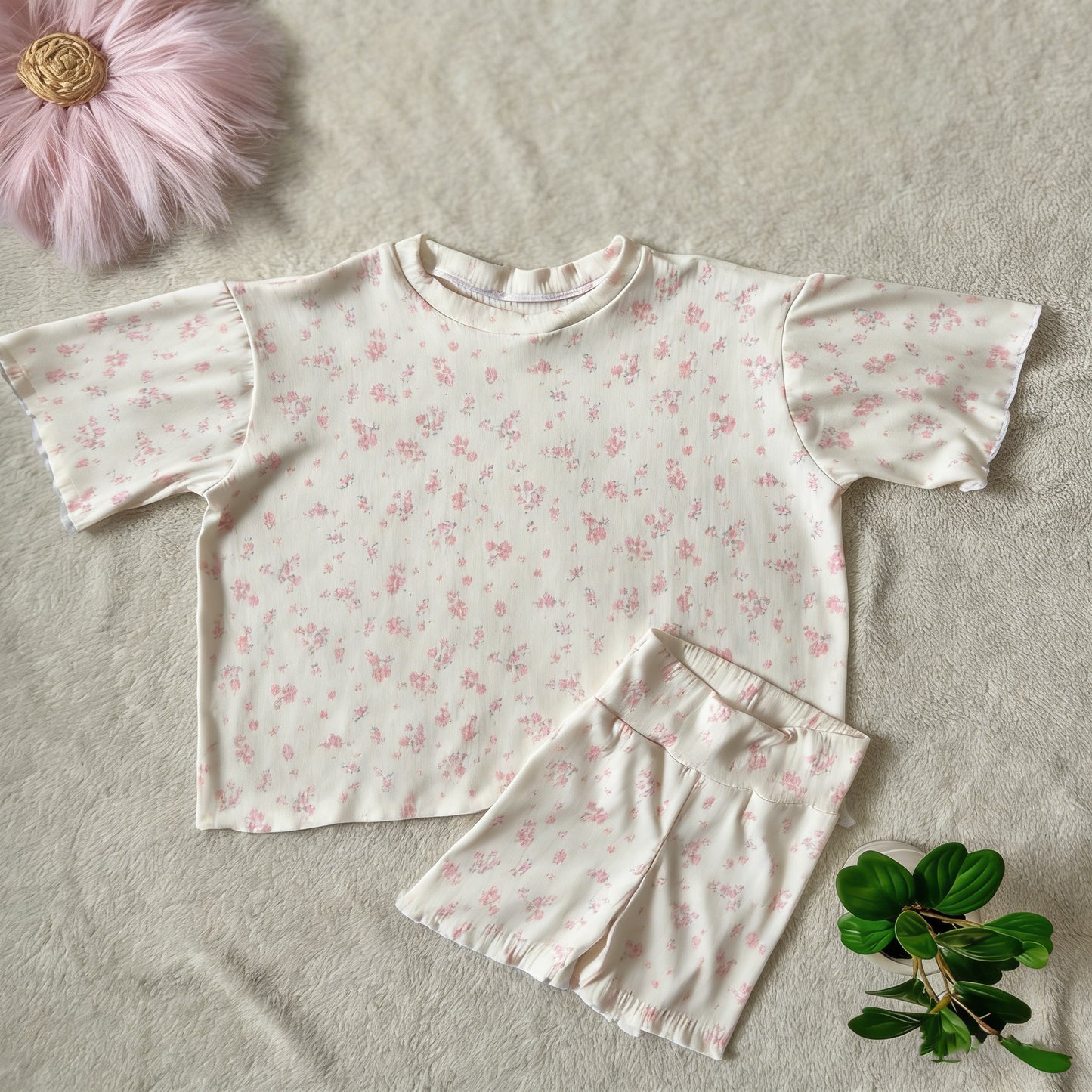 Pink flowers top matching shorts girls summer outfit preorder