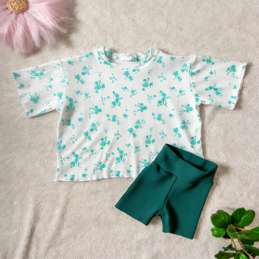 Green flowers top matching shorts girls summer outfit preorder