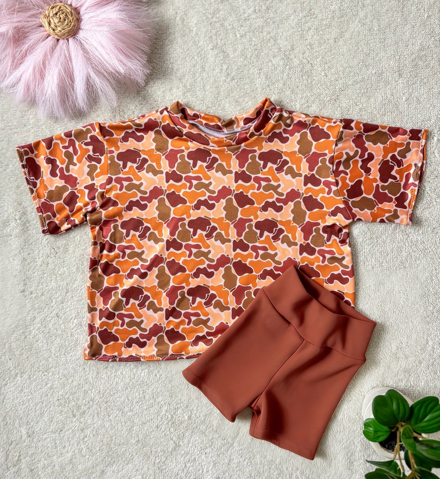 Green orange camo top matching shorts girls summer outfit preorder