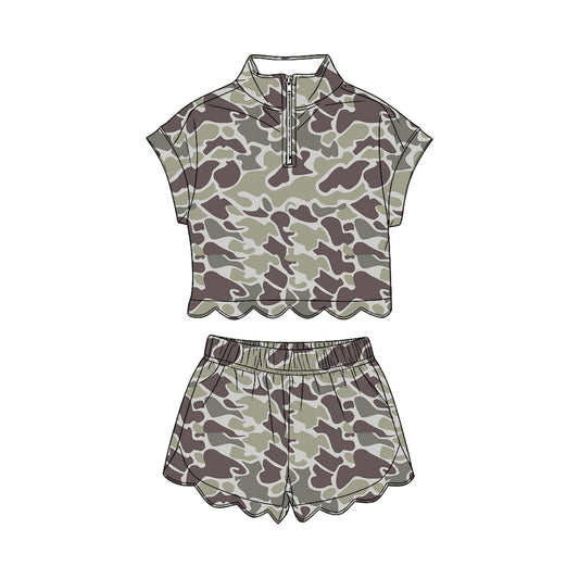 Dark grey camo short sleeve pullover top matching shorts girl summer outfit preorder