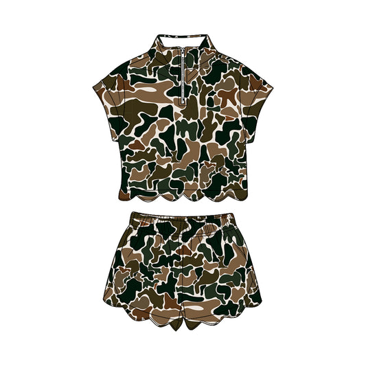 Dark green Camo short sleeve pullover top matching shorts girl summer outfit preorder