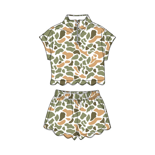 Green orange Camo short sleeve pullover top matching shorts girl summer outfit preorder