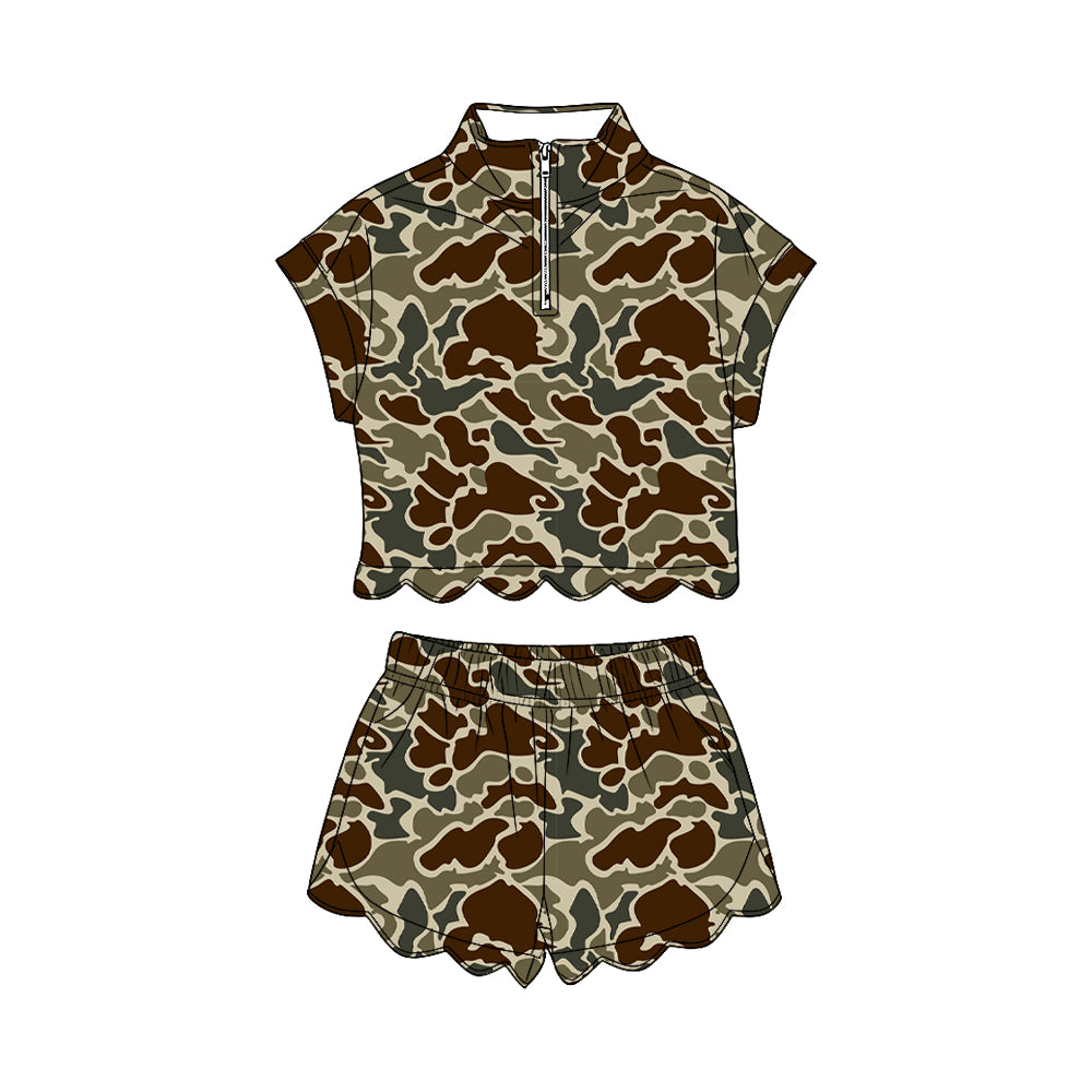 Dark brown Camo short sleeve pullover top matching shorts girl summer outfit preorder