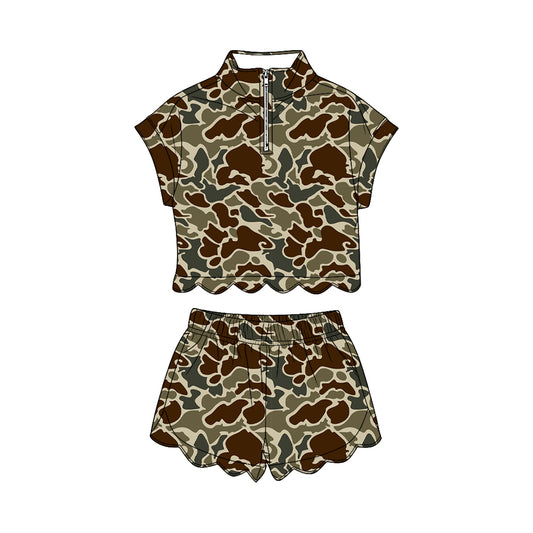 Dark brown Camo short sleeve pullover top matching shorts girl summer outfit preorder