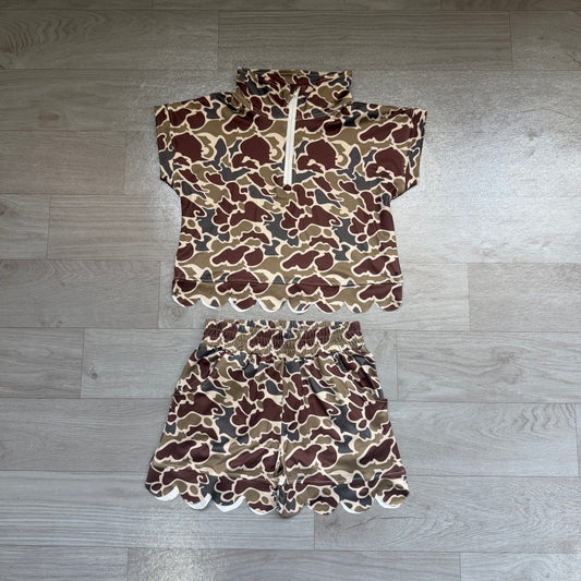 Dark brown Camo short sleeve pullover top matching shorts girl summer outfit preorder