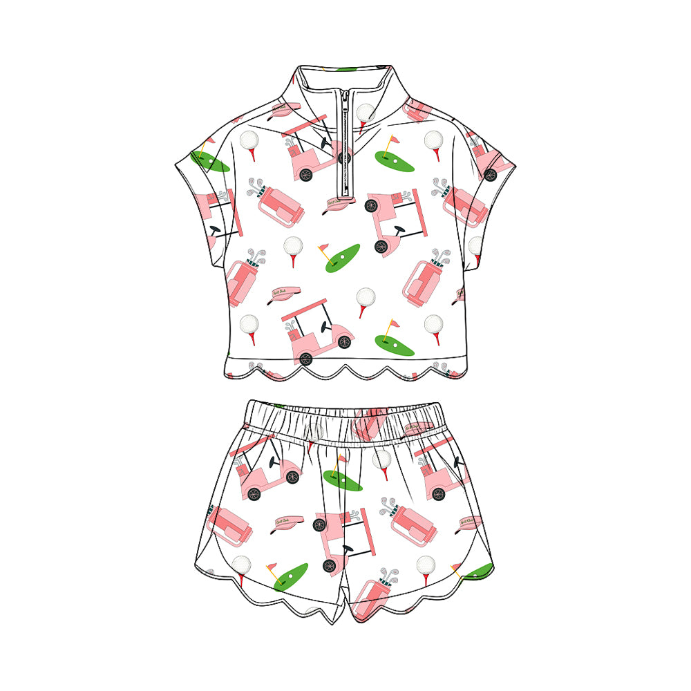 Golf print short sleeve pullover top matching shorts girl summer outfit preorder