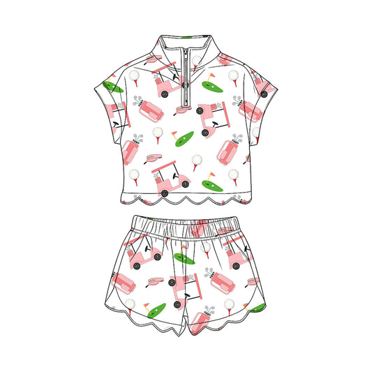 Golf print short sleeve pullover top matching shorts girl summer outfit preorder
