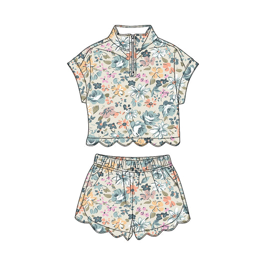 Blue flowers short sleeve pullover top matching shorts girl summer outfit preorder