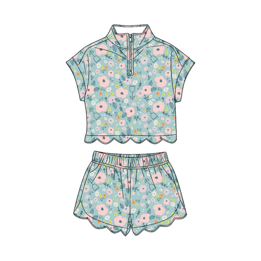 Pink flowers short sleeve pullover top matching shorts girl summer outfit preorder