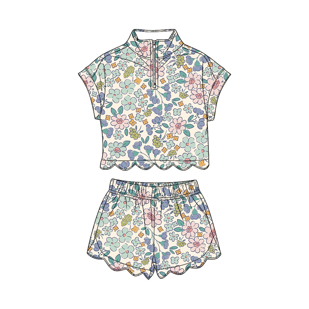 Pink blue flowers short sleeve pullover top matching shorts girl summer outfit preorder