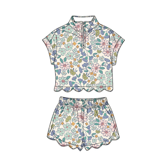 Pink blue flowers short sleeve pullover top matching shorts girl summer outfit preorder