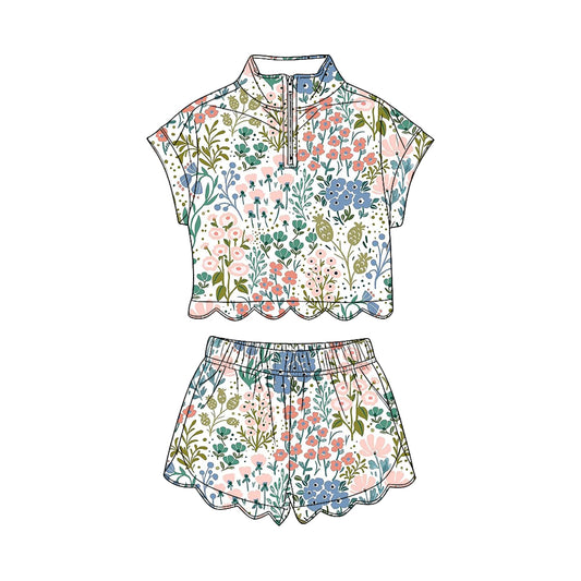 Pink blue flowers short sleeve pullover top matching shorts girl summer outfit preorder