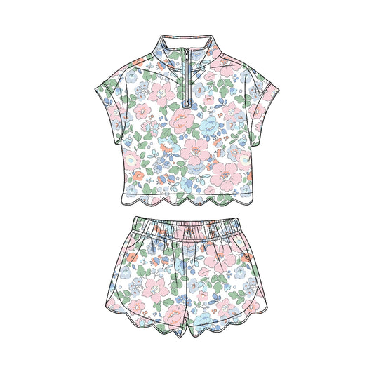 Pink blue flowers short sleeve pullover top matching shorts girl summer outfit preorder
