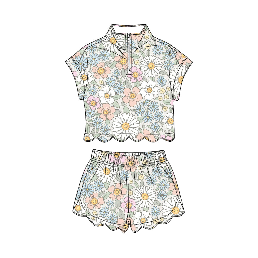 Pink blue white flowers short sleeve pullover top matching shorts girl summer outfit preorder