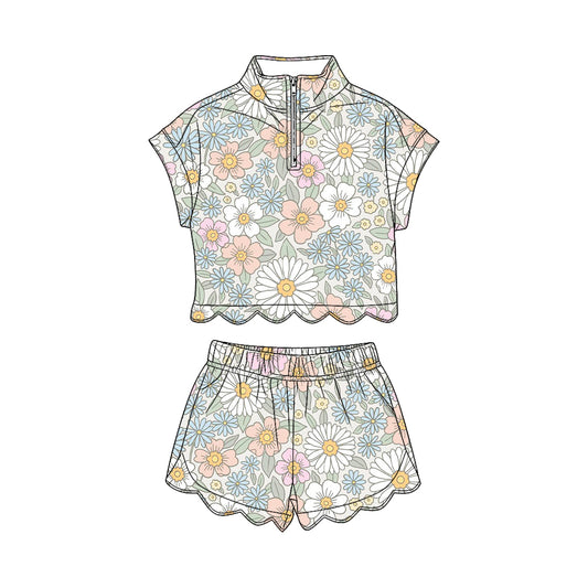 Pink blue white flowers short sleeve pullover top matching shorts girl summer outfit preorder