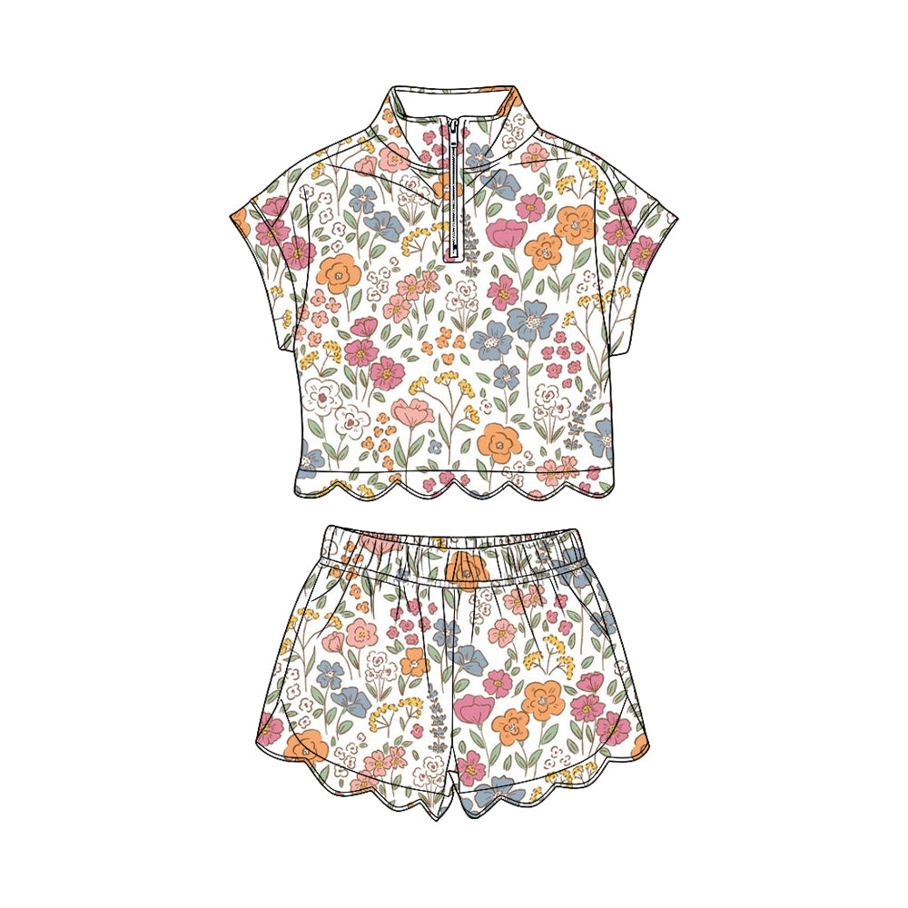 Pink orange flowers short sleeve pullover top matching shorts girl summer outfit preorder
